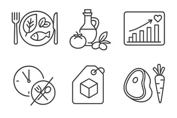 Nutrition Science Icons. Line style icons of nutrition science: dietary patterns, Mediterranean diet icon, DASH diet chart, keto