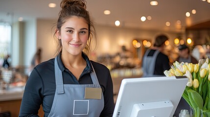 Barista smiles while standing at the cafe counter, surrounded by flowers and baked goods, creating a welcoming environment for guests.