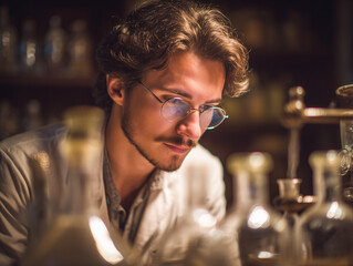 Focused young scientist wearing glasses working with glassware in a dimly lit laboratory.