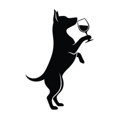 Silhouette of a dog standing on its hind legs and holding a glass of wine, the dog is black and the wine glass is clear