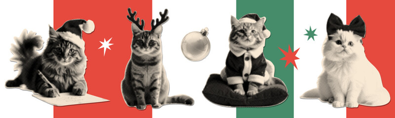 Vintage Christmas halftone collage paper stickers with playful cats - writing Dear Santa letter, wearing deer antlers, Santa costume, bow. Trendy design for festive party invitation, card. Vector © LanaSham