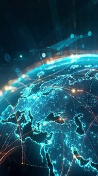 Futuristic digital globe of Earth with glowing data points network connections on a dark background. Worldwide links on planet earth at night. Concept of World communication technology. 3d animation