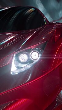 Close-up of the headlights of a red sports car racing at high speed on neon highway. Power acceleration on a night track with colorful lights and lines. Concept of velocity and technology. 3d render