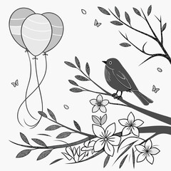 Charming hand drawn black and white bird on branch with balloons and flowers isolated on transparent background