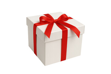 Obraz premium White gift box with red ribbon and bow, symbolizing celebration, holidays, and receiving presents, transparent background