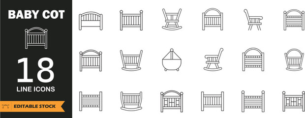 Baby Cot & Nursery Furniture Icon Set, Vector Line and Filled Symbols for Infant Bedroom, Childcare and Baby Room Design