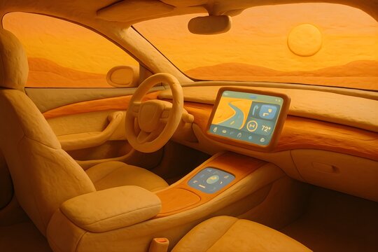 Creative Claymation Car Interior with Navigation Screen in Desert Landscape, Modern Automotive Tech