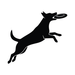 Silhouette of a dog jumping and catching a frisbee, the dog is black and the frisbee is white the dog is happy and playful