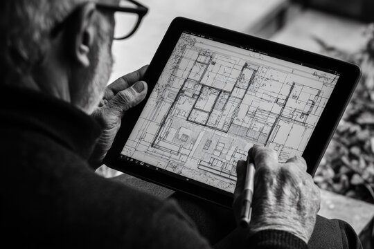 An older architect or designer works on a digital blueprint on a tablet with a stylus. Detailed plans in monochrome.