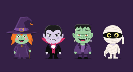 Fototapeta premium Cute cartoon Halloween characters including a witch, vampire, Frankenstein, and mummy on a purple background.