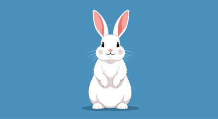 Fototapeta premium Cute cartoon white rabbit standing on a blue background, ideal for Easter themes.