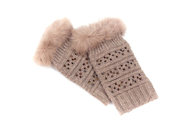 Brown modern fingerless mittens with fur and rhinestones on a white background