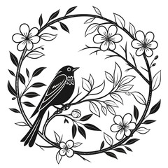 Delicate line art bird perched amidst blooming floral branches in a circular composition isolated on transparent background