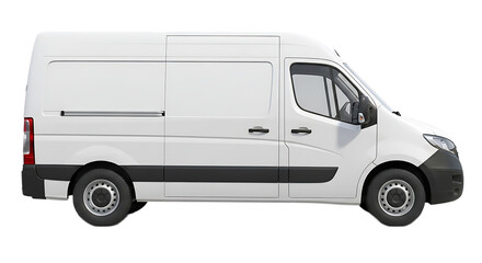 Side view of a white delivery van with sliding door and black trim on a black background