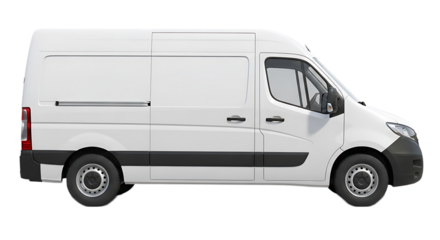Side view of a white delivery van with sliding door and black trim on a black background