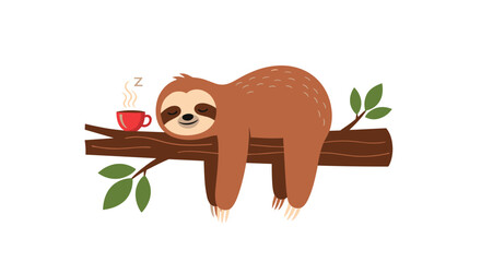 Naklejka premium A cute, sleepy sloth rests on a tree branch next to a steaming cup of coffee.
