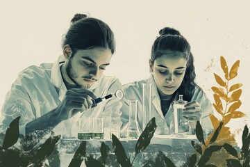 Scientists in lab coats conduct botanical research, examining samples with magnifying tools and glassware in an artistic style.