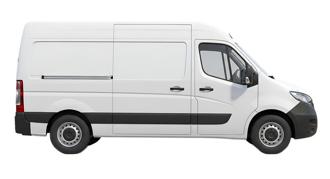 Side view of a white delivery van with sliding door and black trim on a black background - Powered by Adobe