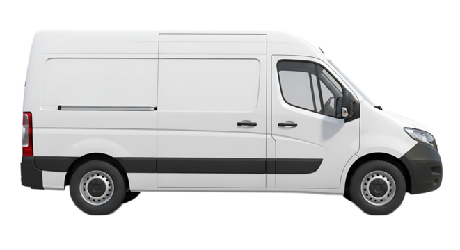 Side view of a white delivery van with sliding door and black trim on a black background
