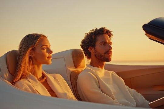 A serene couple enjoys a golden hour drive in a convertible, looking forward to their shared journey and destination.