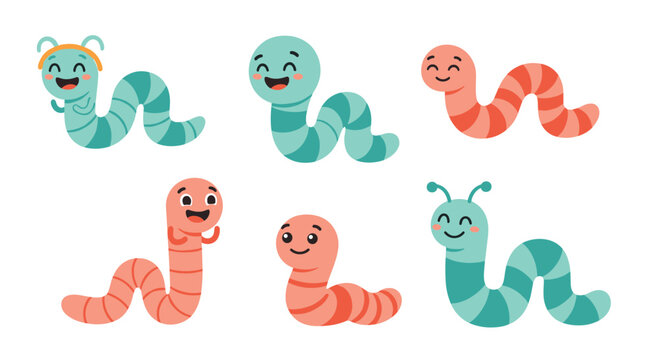 Six cartoon worms in various colors and poses, smiling and friendly.