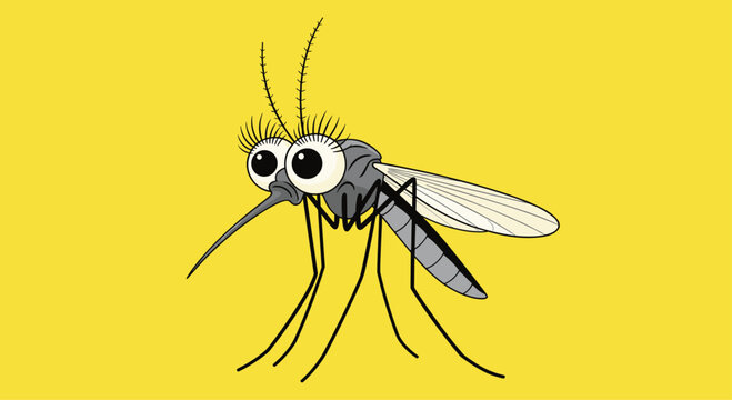 Cute cartoon mosquito with large eyes and long legs on a yellow background.