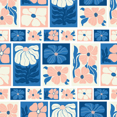 Groovy Abstract Flower Folk Art. Floral Seamless Pattern. Geometric Ornament Organic blue pink Tiles shapes in naive retro hippie 60s 70s. Contemporary Hand Drawing. Vector Illustration. Not AI