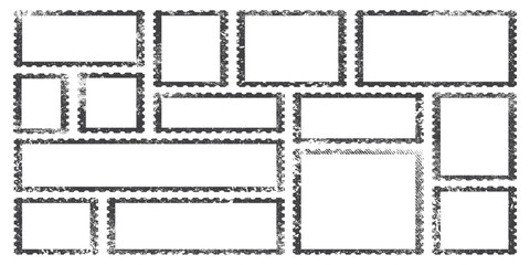 Collection of blank postage stamp frames with perforated edges arrangement layout vector