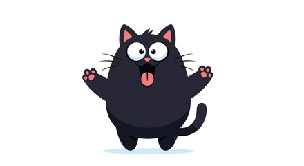 Obraz premium A cartoon black cat with big eyes and a wide open mouth with its tongue sticking out, jumping with its paws in the air.