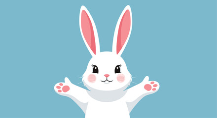 Obraz premium Cute white bunny with pink ears and paws reaching out for a hug against a blue background.