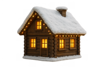 Winter log cabin welcoming warm lights, snowy roof, cozy christmas holiday season, isolated on transparent background