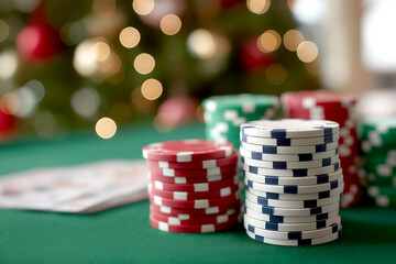Top view of poker table with colorful chips and holiday bokeh lights creating a festive atmosphere for a fun gaming experience, creating an inviting and festive gaming ambiance