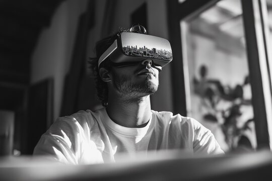 A man deeply immersed in a virtual world, wearing a VR headset reflecting a detailed cityscape, captured in dramatic black and white. Future technology.