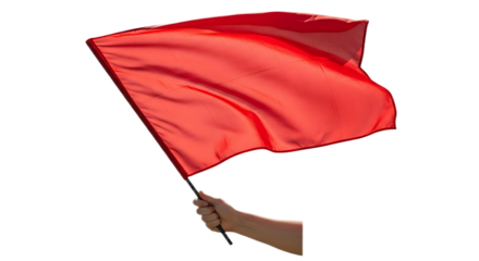 A hand holding a red flag waving against a black background in a studio setting outdoors