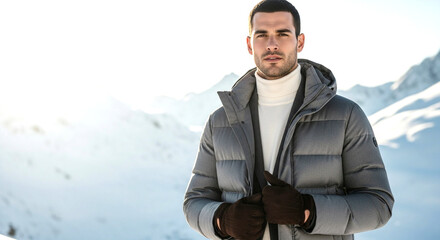 Winter Style: A sophisticated man embodies timeless winter style amidst a snow-covered mountainous backdrop, a portrait of fashion and warmth.