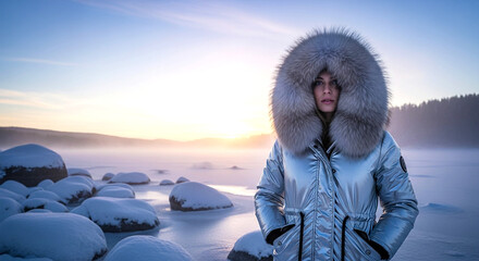 Frozen Vista: A person bundled in a winter coat stands poised against a frozen landscape, with a fur-lined hood framing the face.