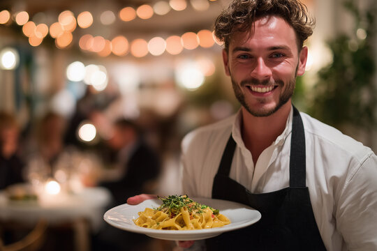 A man is holding a plate of food and smiling - Powered by Adobe