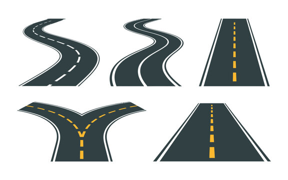 Various curved and straight road illustrations are shown on a white background.