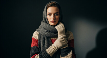 Elegant Woman in Winter Attire: A woman exudes a serene aura as she is elegantly draped in a winter ensemble. Her captivating gaze draws the viewer in.