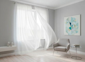 White tulle curtain swaying in the wind on a window in a bright room interior, airy home atmosphere