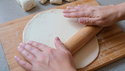 Close-up of hands rolling dough with a wooden rolling pin on a wooden board, rustic homemade baking scene