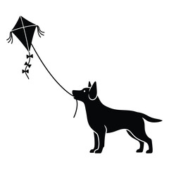 A black silhouette of a dog holding a kite in its mouth, the dog is looking up at the kite in the sky