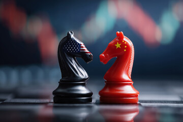 Naklejka premium Two chess pieces, one red and one black, are facing each other on a chess board