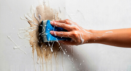 Close-up of hand holding blue sponge with cleaning foam, scrubbing a dirty stain on a white wall