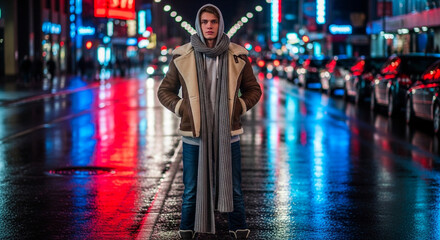 Urban Nightfall: A solitary figure, wrapped in a scarf and warm coat, stands confidently on a rain-slicked city street.