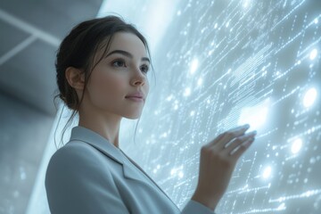 A young woman interacts with an advanced holographic interface, managing data or complex systems in a futuristic high-tech environment.