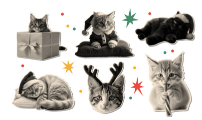 Christmas halftone collage clipart set. Funny halftone cut out cat head in Santa hat, kitten with candy cane, sleeping feline. Vintage dotted stickers. Retro grunge mixed media vector illustration © LanaSham