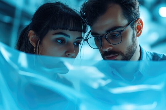 Two focused professionals, bathed in blue light, intently observe something beneath a transparent surface, possibly working on a project or discovery.