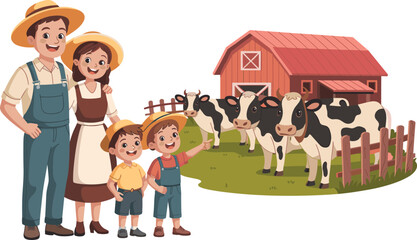 Happy farm family with cows, rural lifestyle, red barn, children pointing, outdoor scene, animal care, green grass, wholesome countryside moment © Shariyar Pantho