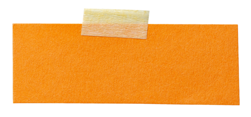 Piece of blank orange paper memo note with texture and adhesive sticky tape with copy space for text, isolated transparent png background design element